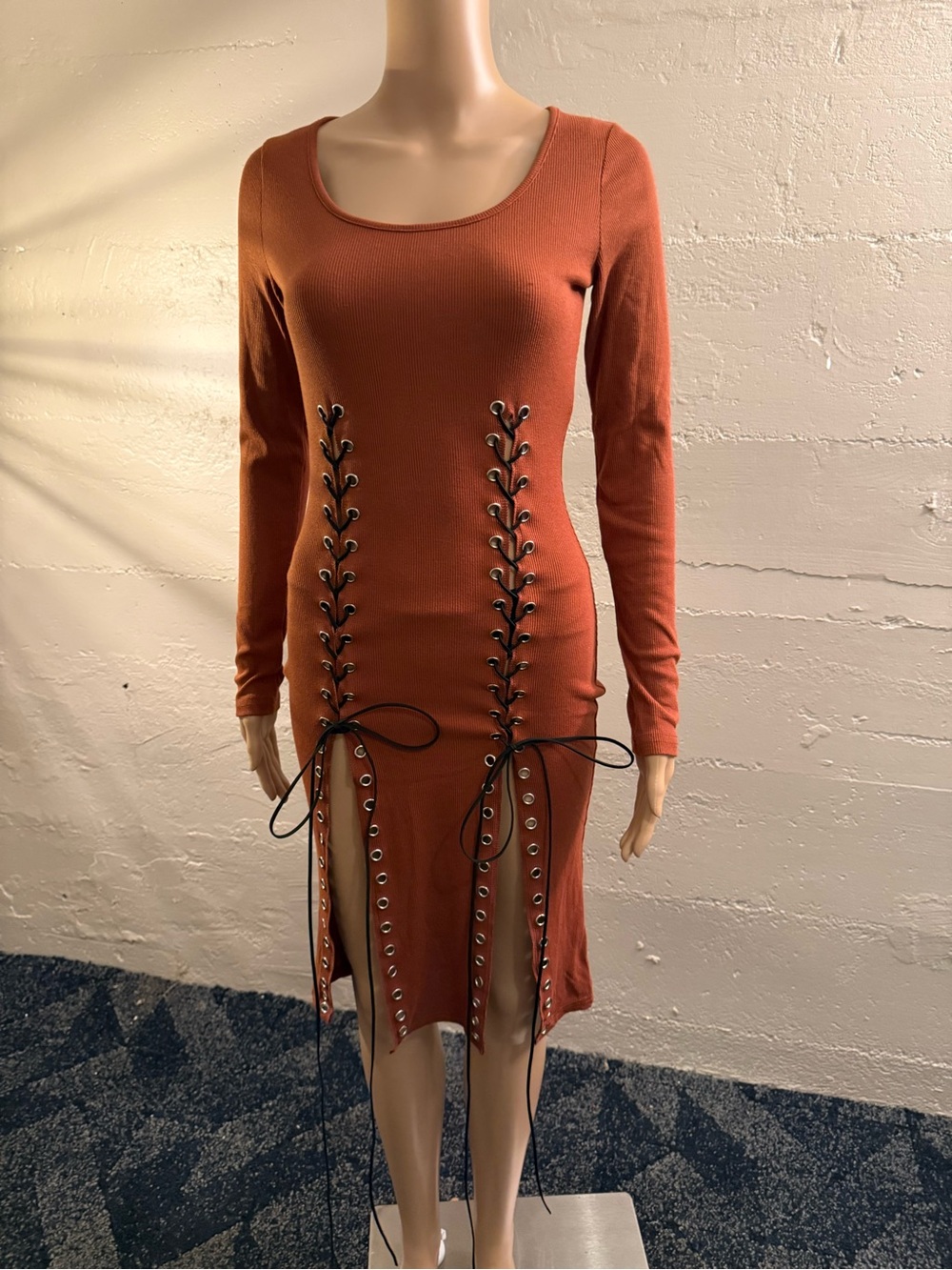 Rust Lace-Up Long Sleeve Bodycon Dress - Women
